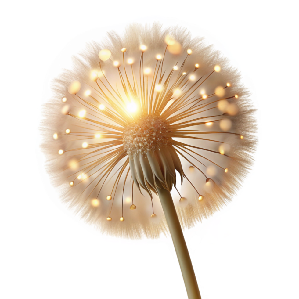 majestic exceptional A single dandelion seedhead, backlit by golden sunlight, bokeh effect, delicate and ethereal, png