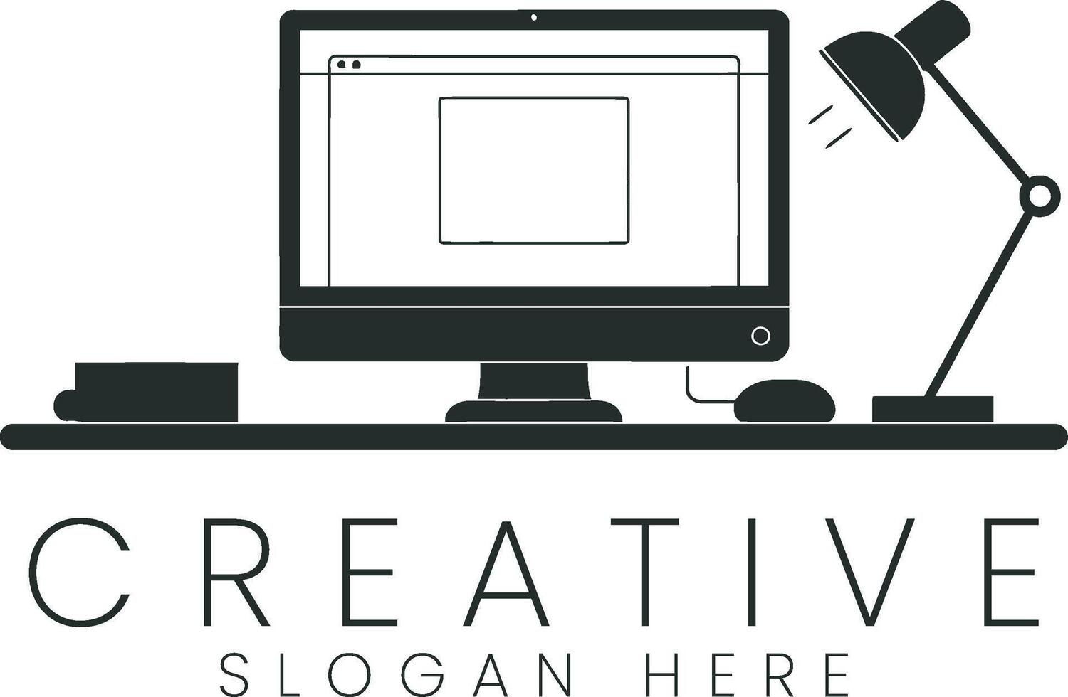 Modern Workspace Design Minimalist Computer Setup Creative Office desk lamp icon logo flat vector