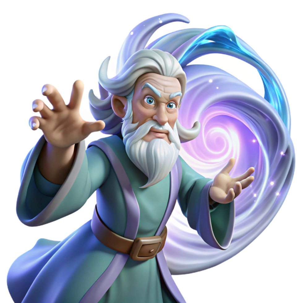 melancholic radiant A wise old wizard with a flowing white beard casting a spell amidst a swirling vortex of arcane energy, dynamic lighting, in a digital painting style museum quality png
