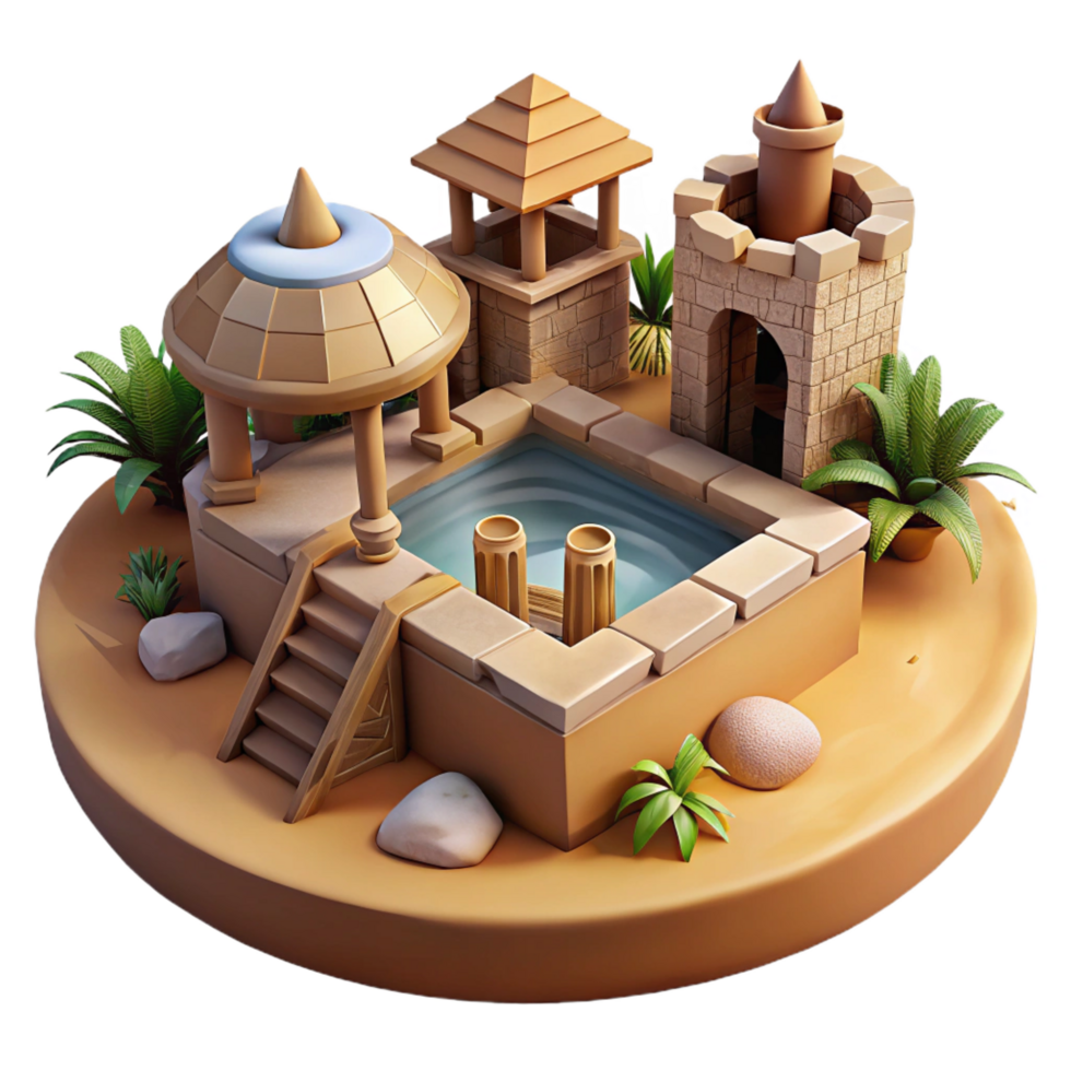 melancholic wonderful A desert oasis town built around a massive, ancient well, warm midday sun, earthy and textured style, matte painting render original png