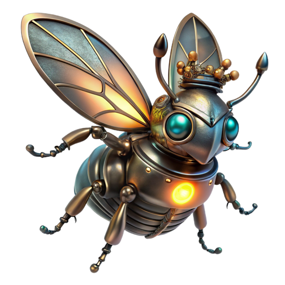 spectacular calm abstract A steampunk insect, a beetle with metallic wings and glowing eyes, perched on a gear, illuminated by a single spotlight. Macro photography, sharp focus premium png
