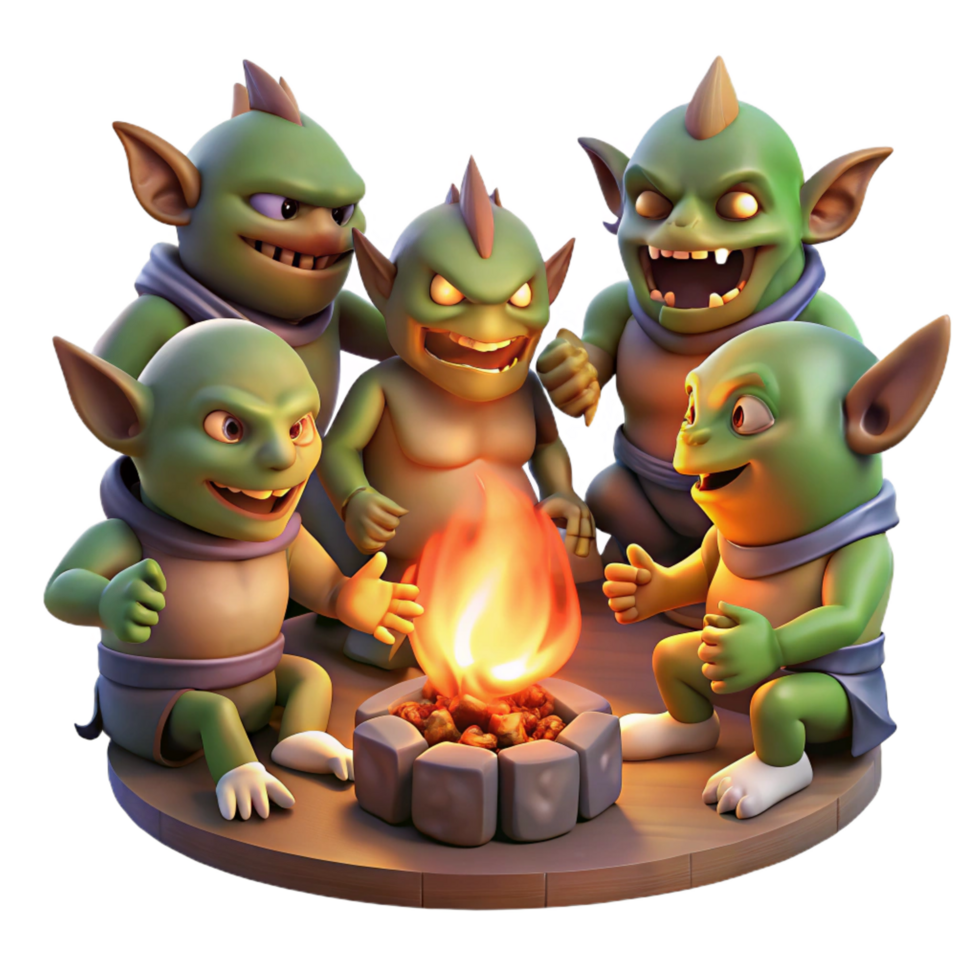 stunning acclaimed A group of goblins feasting around a roaring bonfire in a dark forest, warm, flickering lighting, dark fantasy art style png