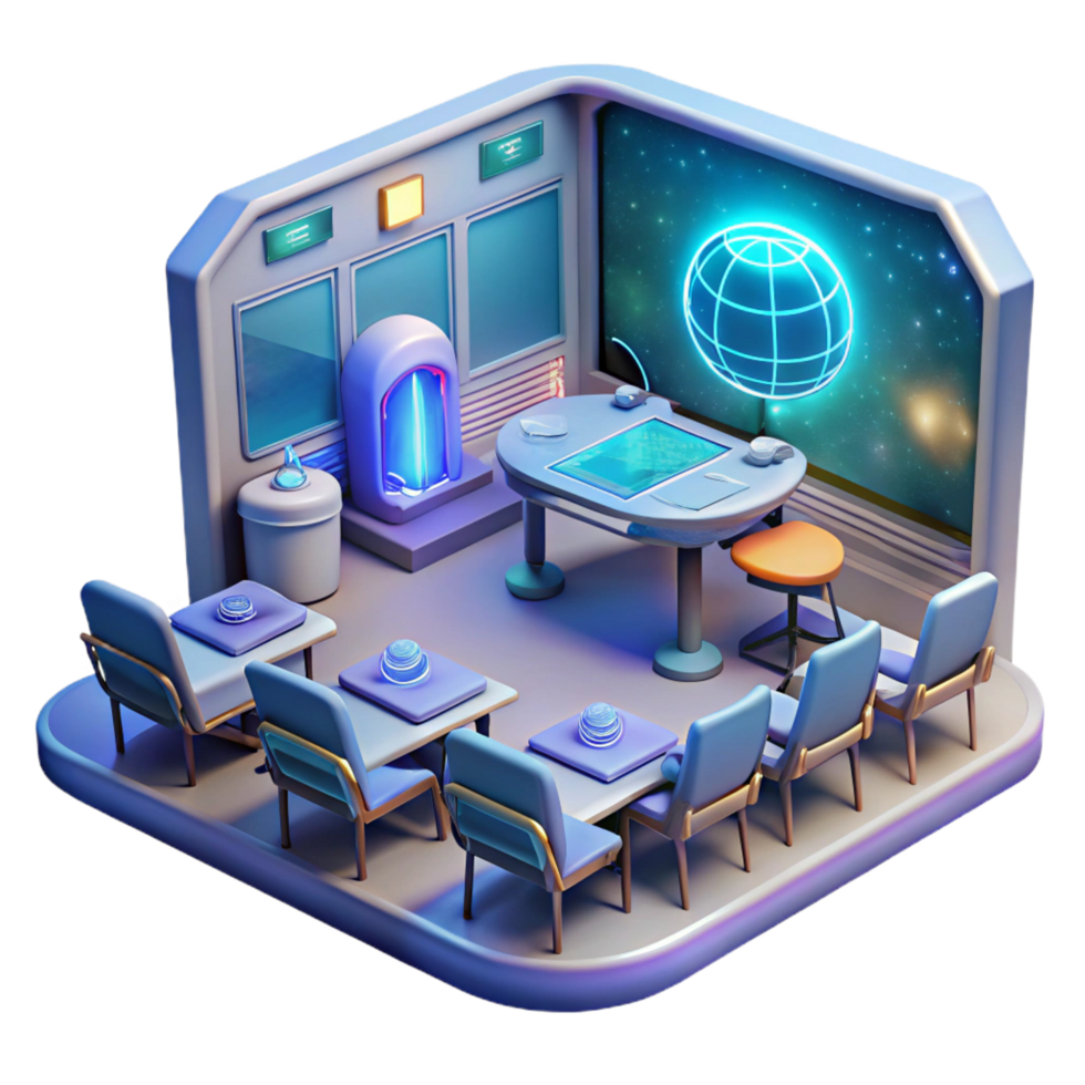 timeless avant garde A futuristic classroom, holographic displays, bright lighting, concept art, impeccable png