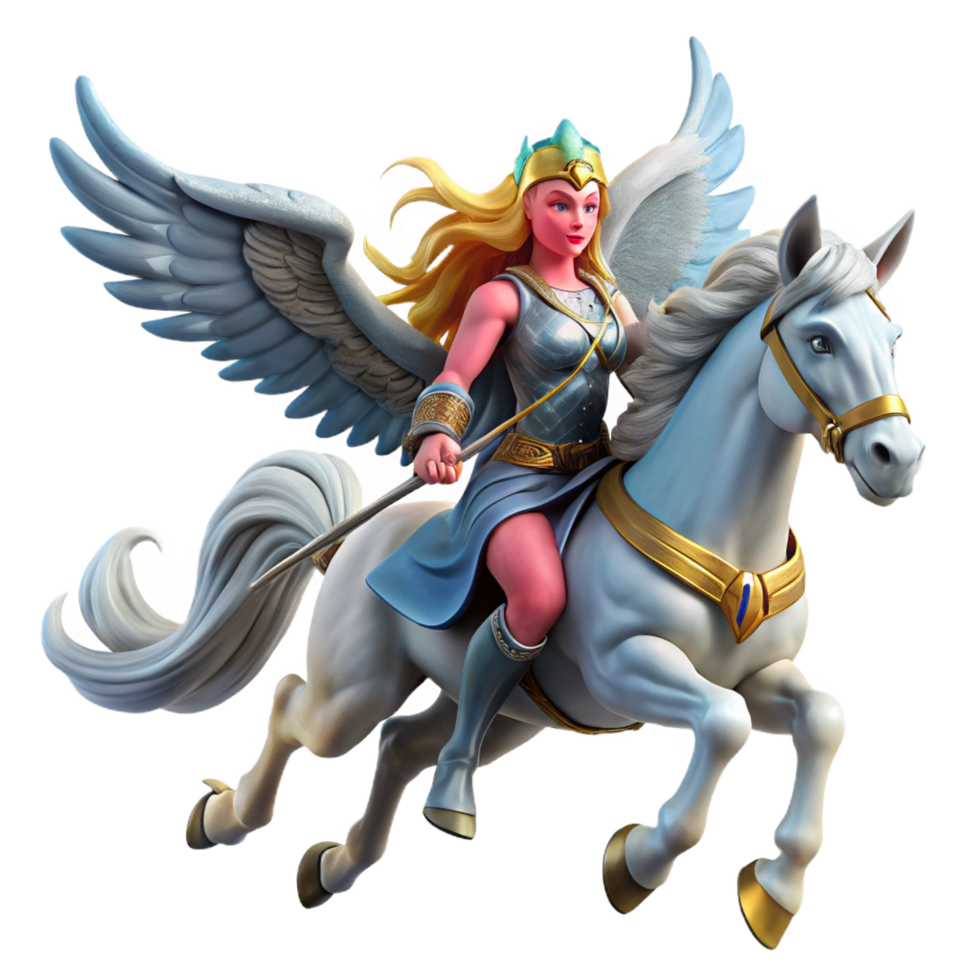 beautiful coastal A beautiful Valkyrie riding a winged horse through a storm, carrying a fallen warrior to Valhalla. Norse mythology style 8K png