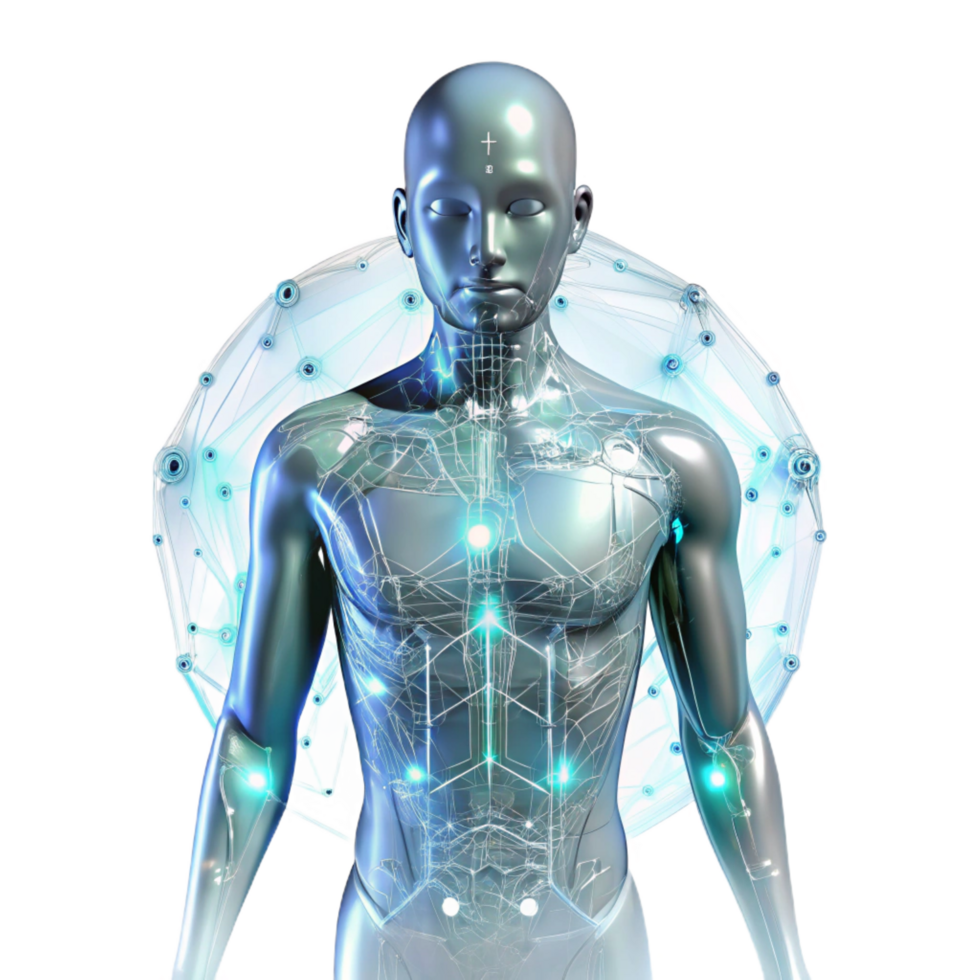 stunning standout A transparent human figure with glowing circuitry visible beneath the skin, surrounded by data streams, illuminated by a soft white light, in a cyberpunk style png
