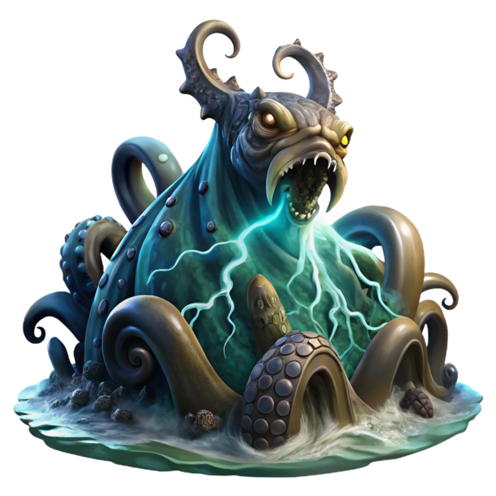 dazzling notable A powerful kraken emerging from a stormy sea, tentacles thrashing, lightning illuminating the scene. Digital painting, dramatic style png