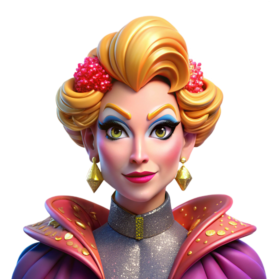 mesmerizing reflective impressionist Portrait of a flamboyant drag queen with extravagant makeup and a glamorous outfit, lit by bright stage lights, in a pop art style gallery standard png