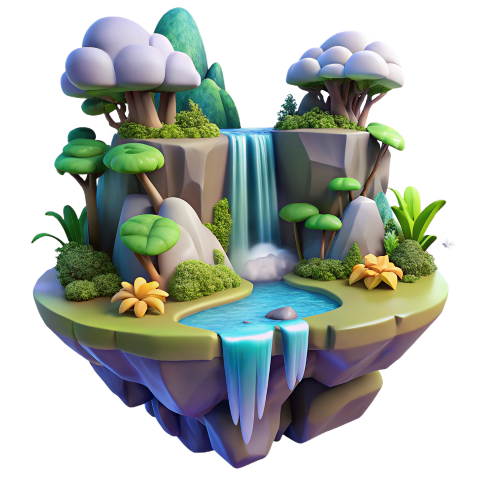 playful magnificent A floating island with waterfalls cascading down, lush vegetation, vibrant fantasy colors, dreamlike atmosphere, floating rocks, magical realism luxury png