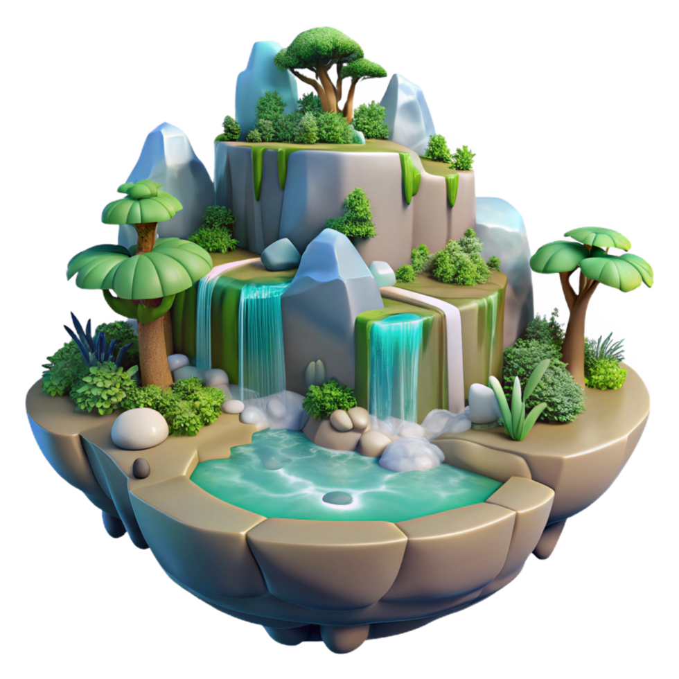 immaculate unforgettable A floating island with cascading waterfalls and lush vegetation, fantasy setting, soft lighting, png