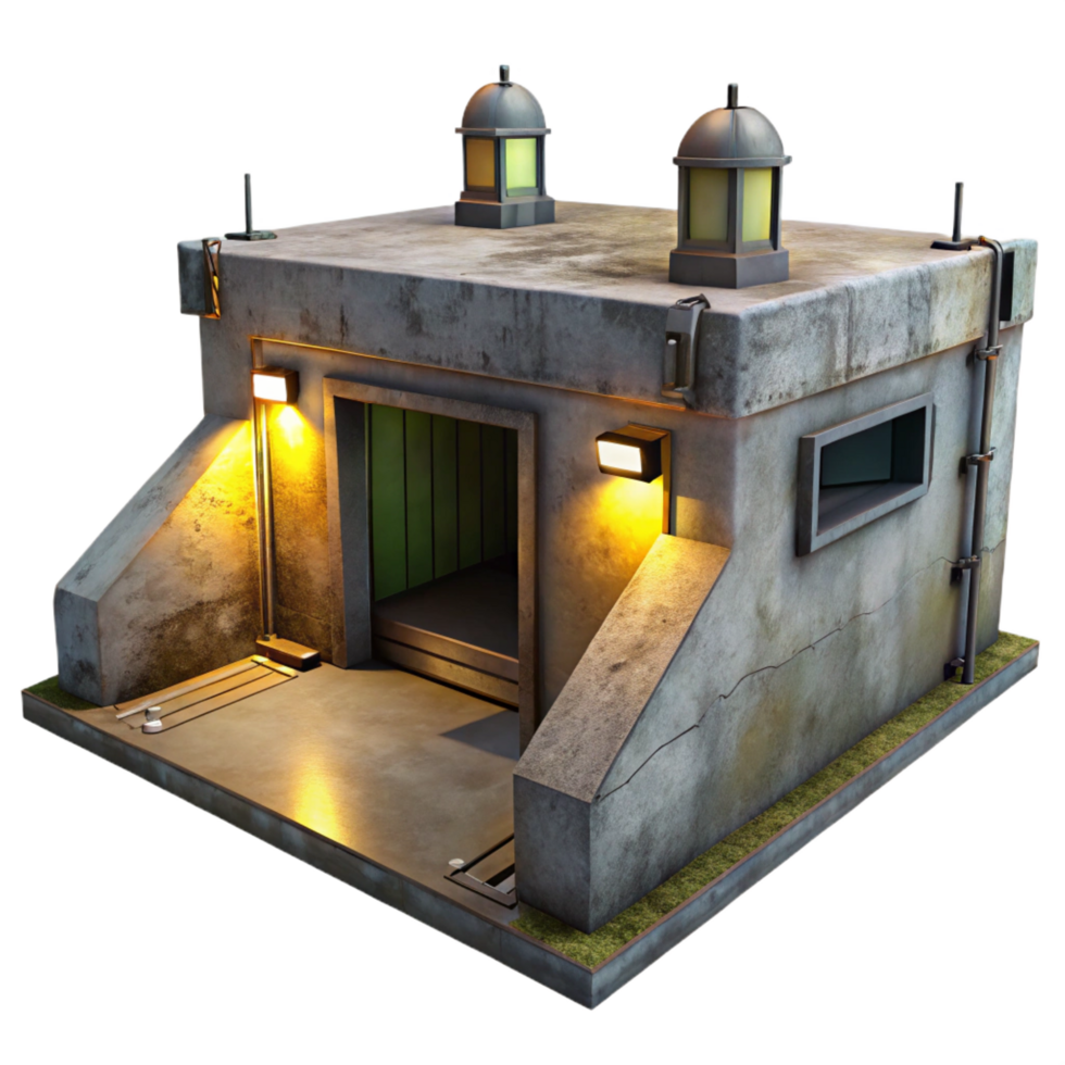 majestic whimsical coastal An underground bunker, concrete walls, dim artificial light, post apocalyptic style, handcrafted png