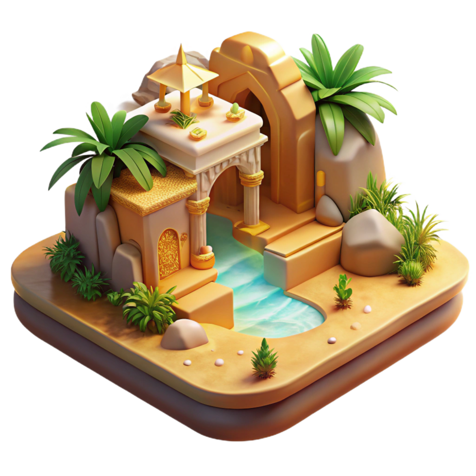 rare mid century A desert oasis with a hidden temple, warm golden light, intricate carvings, lush vegetation, flowing water, mystical atmosphere precision png