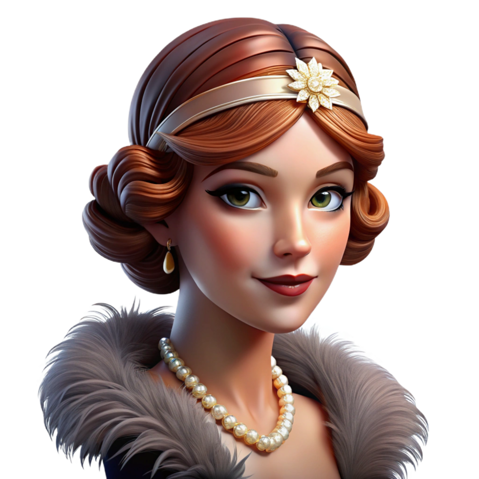 hypnotic dynamic art deco Portrait of a glamorous woman with 1920s flapper style makeup, a beaded headband, and a feather boa, lit by a warm, Art Deco inspired light detailed png
