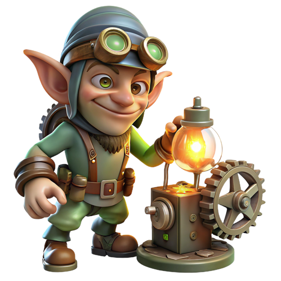 impressive melancholic impressionist A mischievous goblin tinkering with gears and gadgets in a dimly lit workshop, illuminated by the flickering light of a single oil lamp. Steampunk style ultra HD png