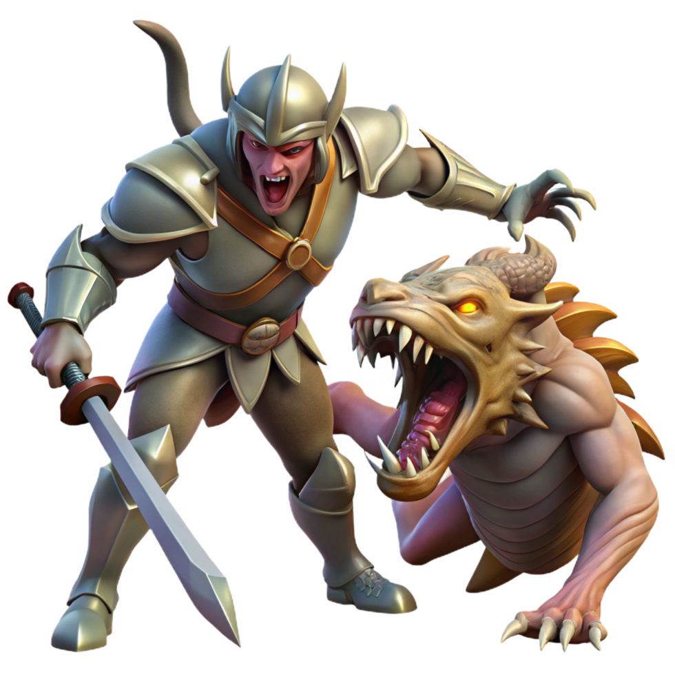 alluring dynamic industrial A courageous knight battling a grotesque monster, dramatic lighting, fantasy art style authentic png