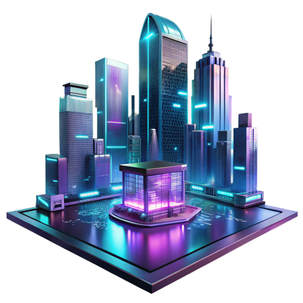 serene abstract A futuristic cityscape at night, towering holographic advertisements shimmering in the rain, cyberpunk style, neon lights reflecting in puddles, viewed from a low angle high resolution png