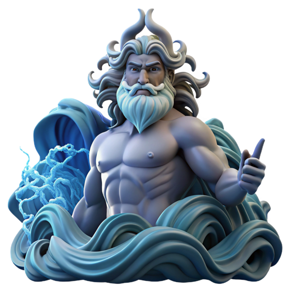 extraordinary retro Poseidon commanding a tempestuous sea, dark and stormy lighting, dramatic realism style refined png