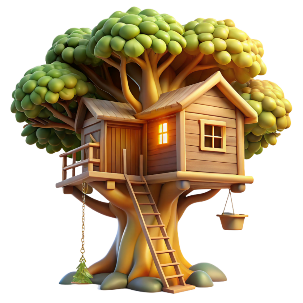 dazzling timeless A treehouse built into a giant sequoia, rustic wood and rope, warm sunlight filtering through leaves, whimsical, illustration, png