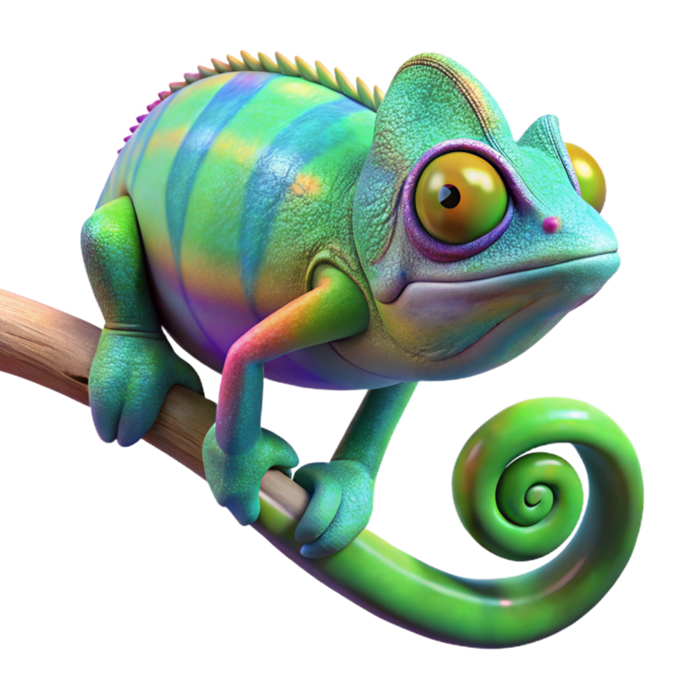serene traditional A chameleon camouflaged on a branch, close up, vibrant colors, macro photography style artisan png