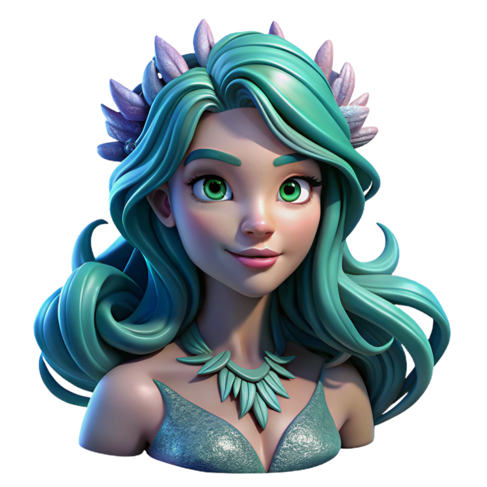 mysterious breathtaking Portrait of a beautiful mermaid with shimmering scales and flowing seaweed hair, her expression melancholic, lit by underwater sunlight fine detail png
