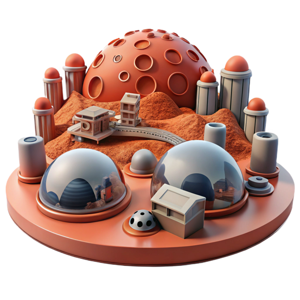 nostalgic impressive A futuristic city on Mars, red dust covering buildings, pressurized domes, rovers driving in the distance high quality png