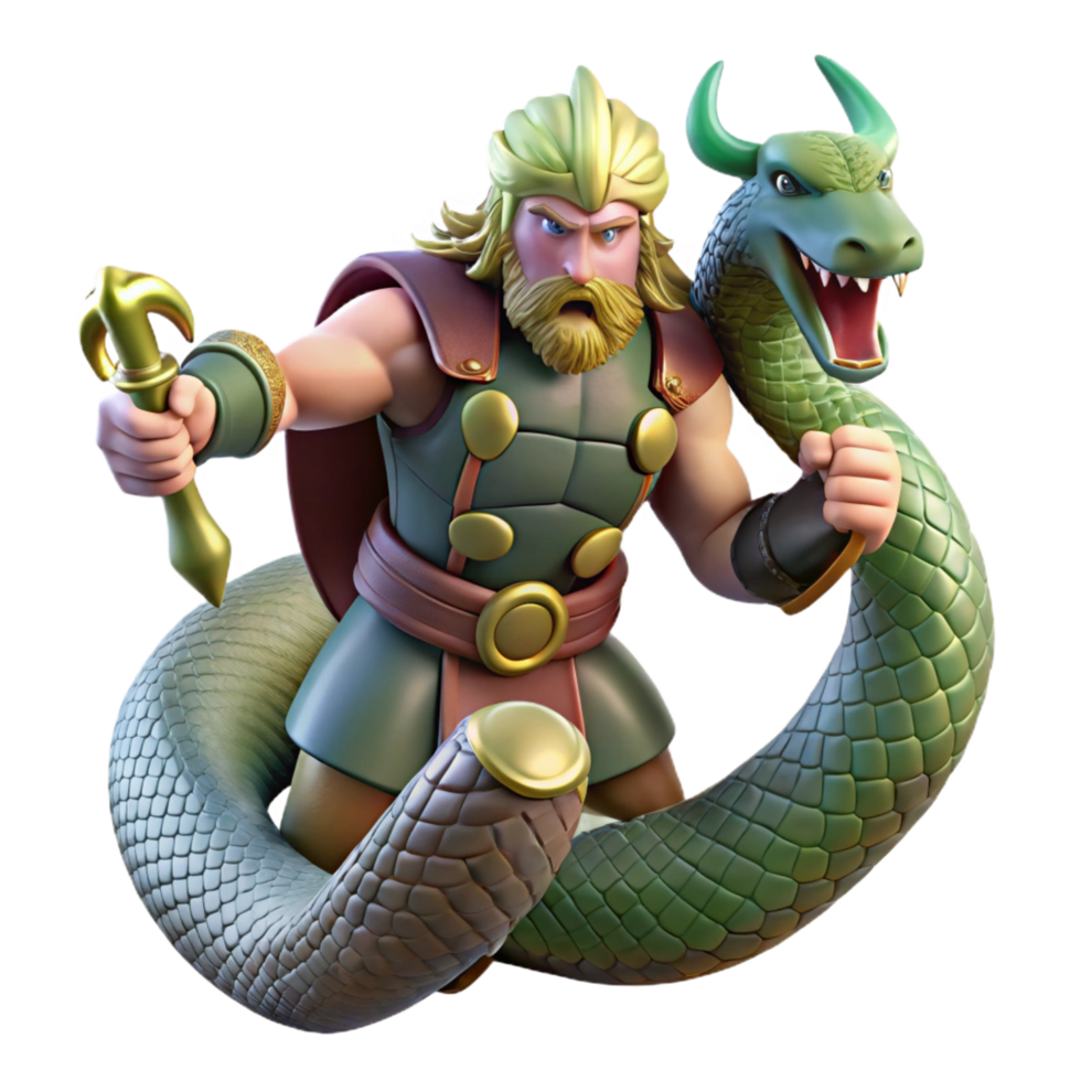 sumptuous bold tropical Thor battling Jrmungandr, the Midgard Serpent, stormy ocean setting, dynamic lighting, Norse mythology art style perfect clarity png