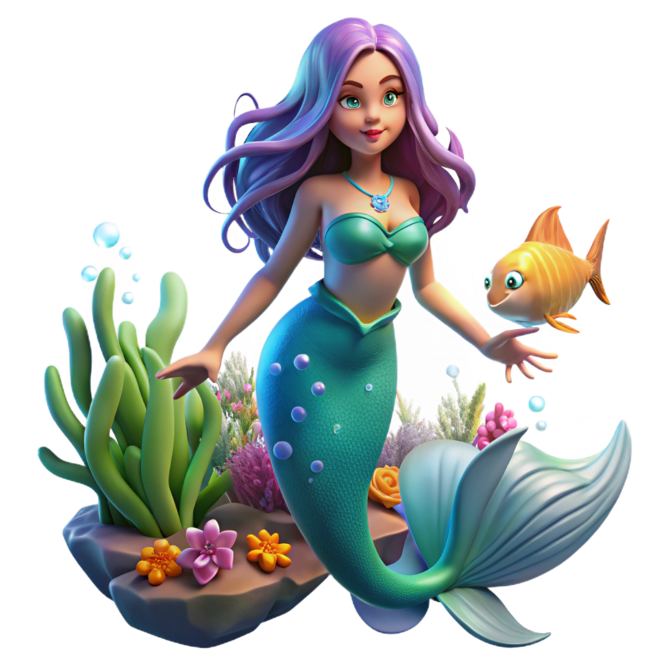 ethereal fascinating A beautiful mermaid with shimmering scales and flowing hair swimming through a coral reef filled with glowing fish, vibrant, underwater lighting, fantasy art style sharp png