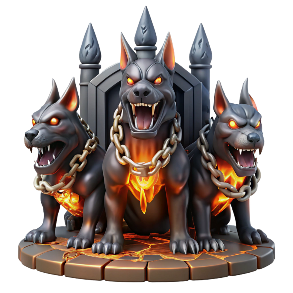majestic mid century A fierce, three headed Cerberus guarding the gates of the underworld, chains made of glowing embers, dramatic chiaroscuro lighting. Dark fantasy painting style studio quality png