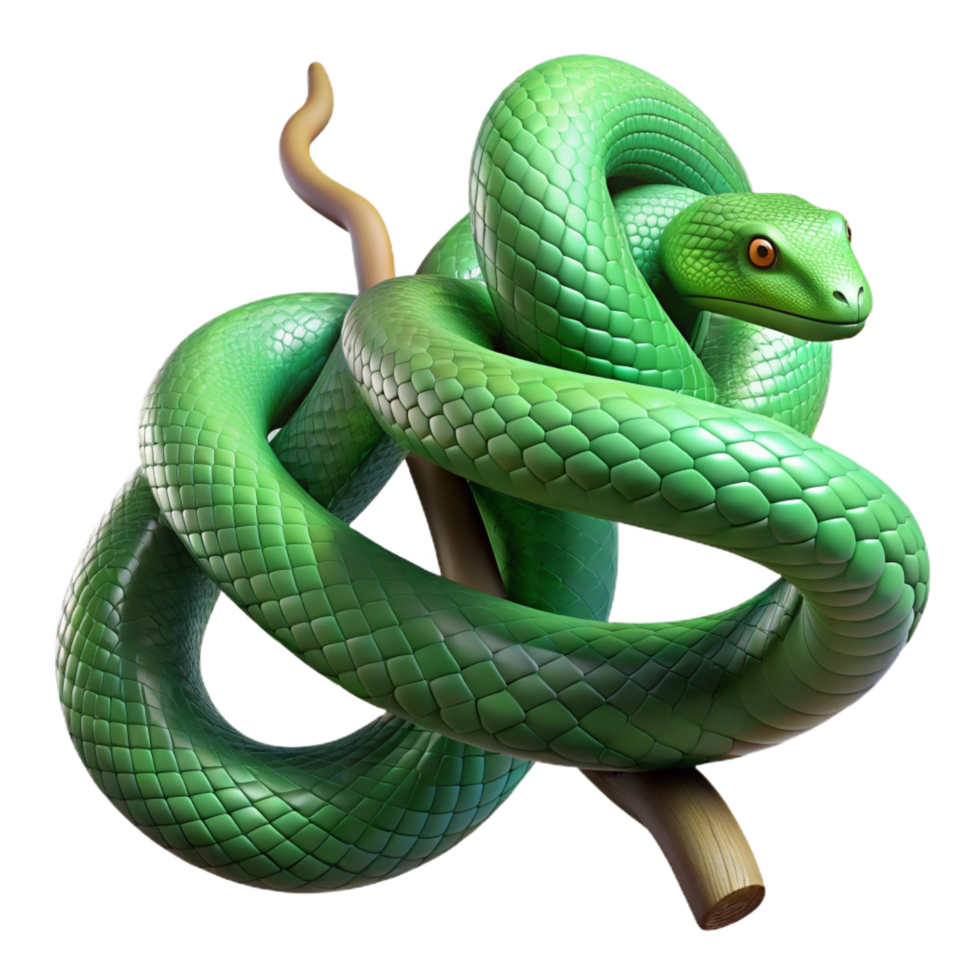 extraordinary iconic A slithering green snake wrapped around a branch, realistic style, dappled sunlight, intricate scales png