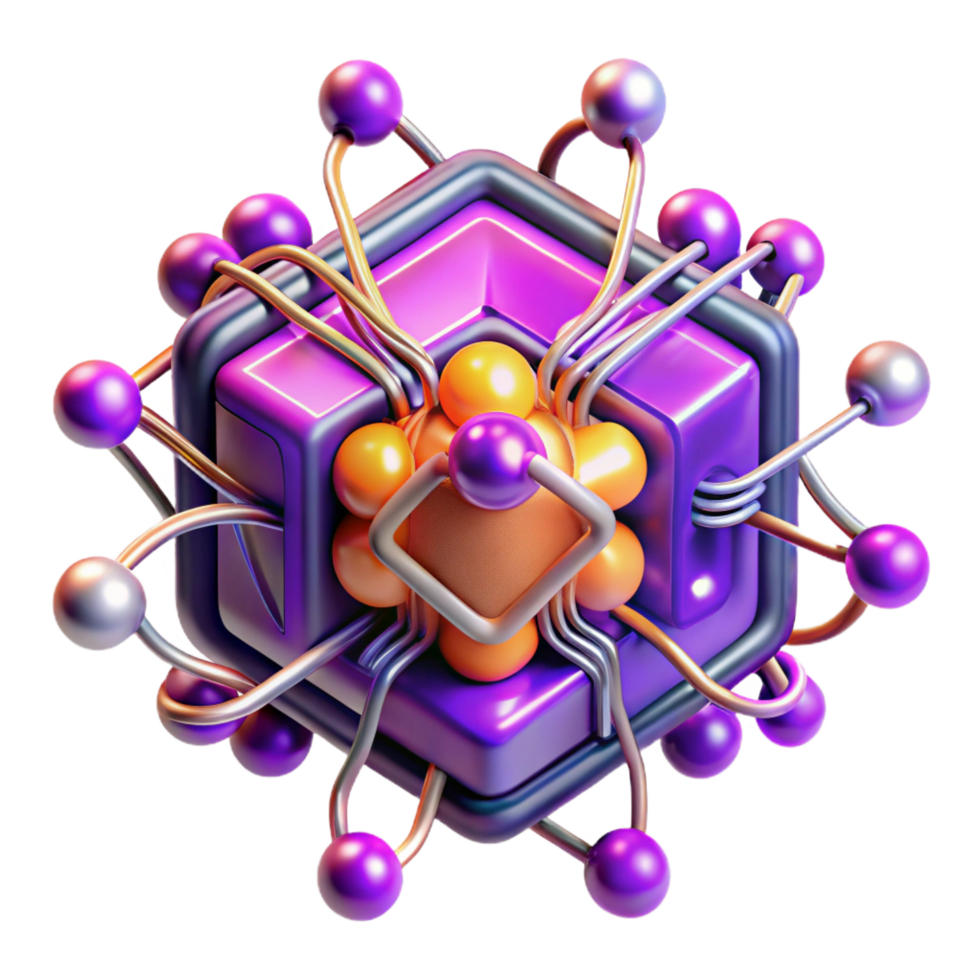 notable elegant A quantum computer, glowing wires and nodes, complex patterns, vibrant purple and orange hues, abstract art style professional png