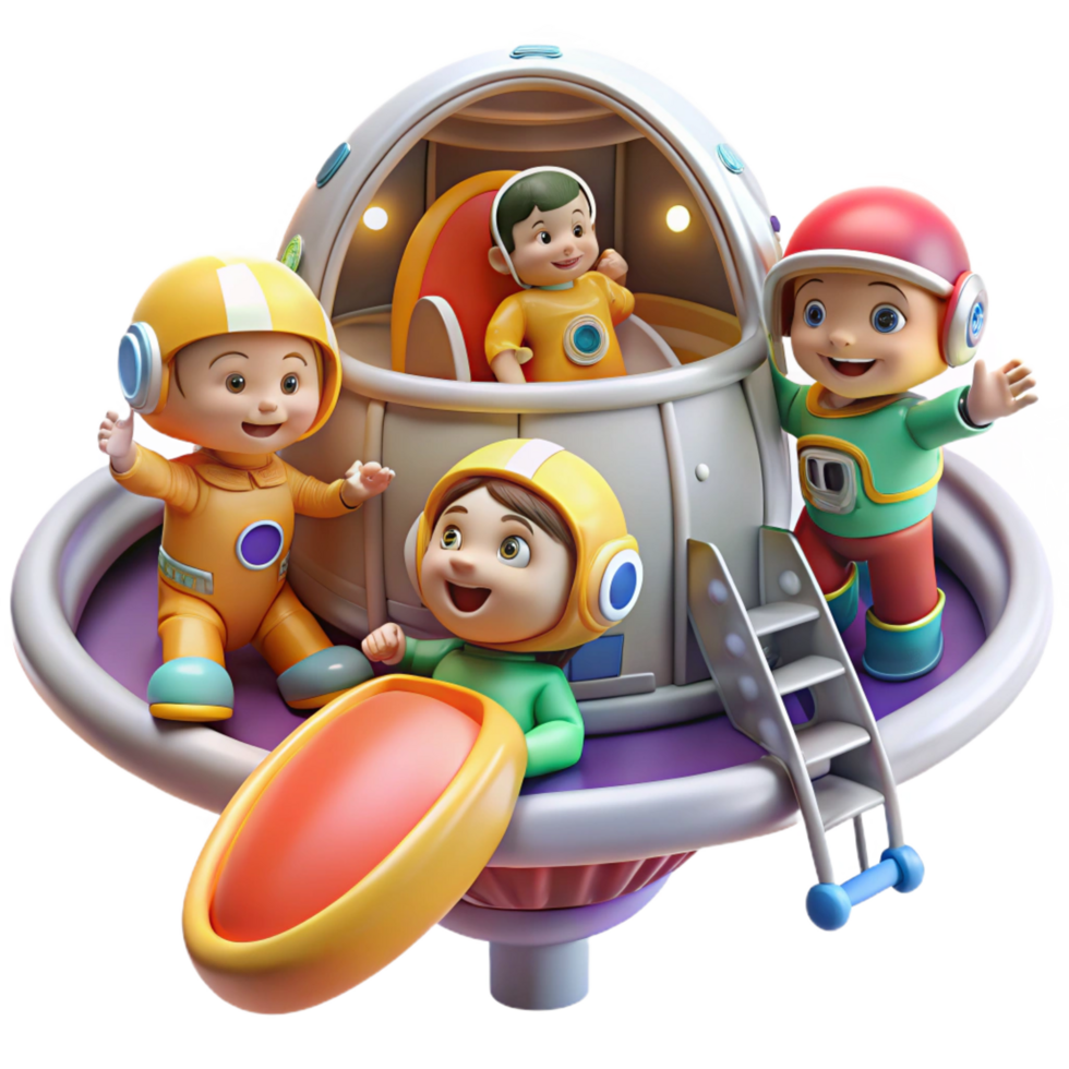 serene standout A group of children, wearing futuristic spacesuits, explores a zero gravity playground inside a giant spaceship. Bright, playful lighting. Children s book illustration style png