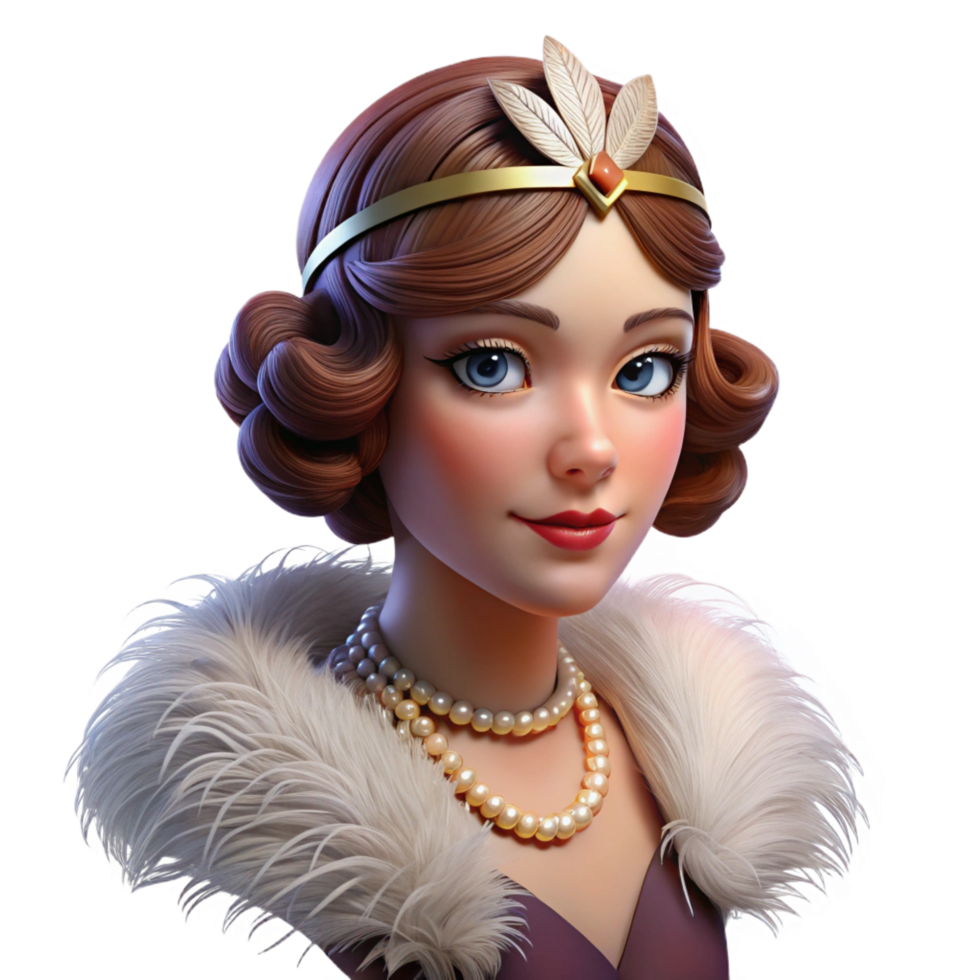 alluring romantic vintage Portrait of a glamorous woman with 1920s flapper style makeup, a beaded headband, and a feather boa, lit by a warm, Art Deco inspired light exclusive png