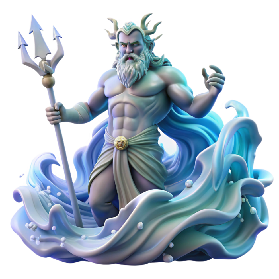 quintessential art deco Poseidon, God of the Sea, rising from a tempestuous ocean, wielding his trident, surrounded by swirling water and lightning strikes. Dynamic lighting. Art Deco style flawless png