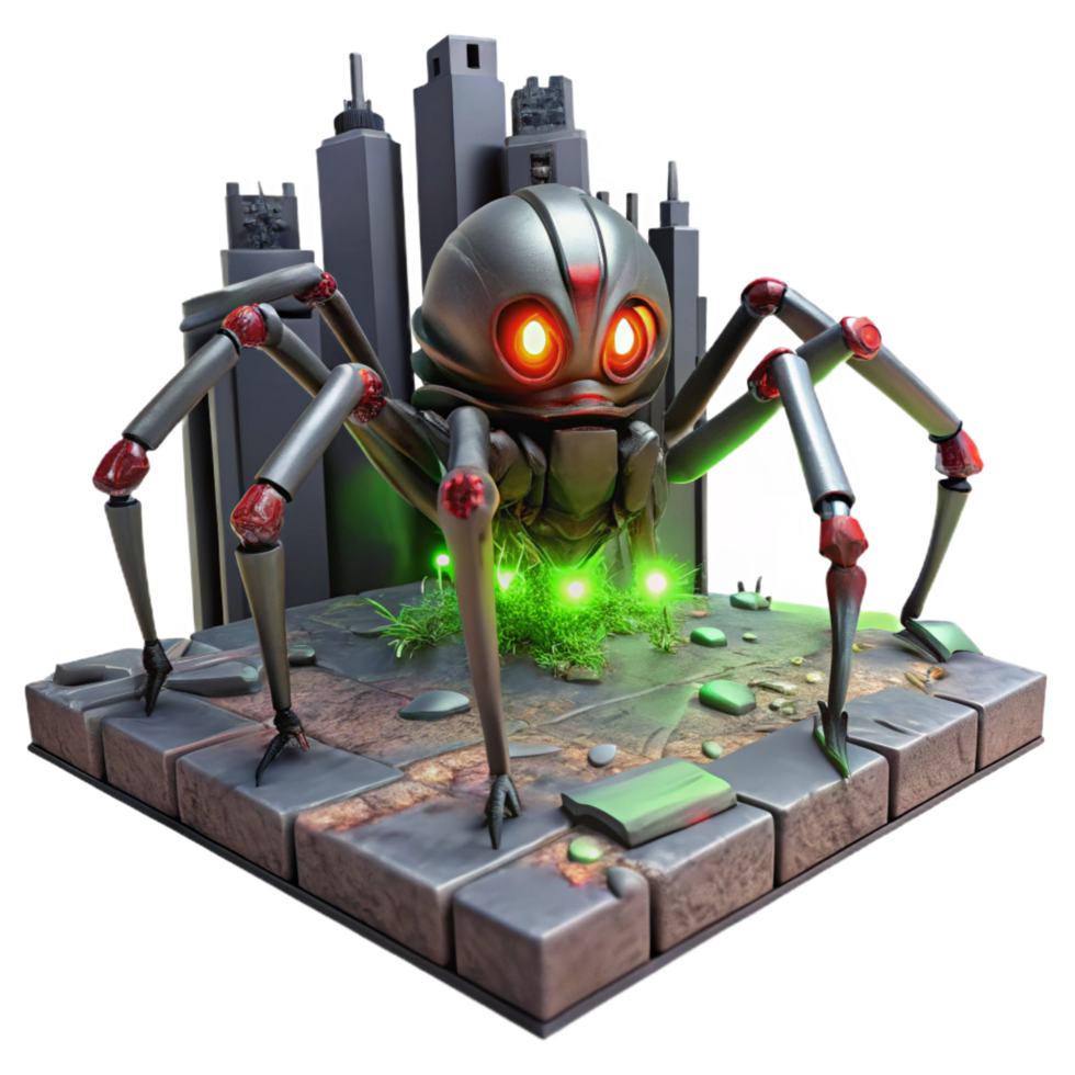 captivating reflective retro A giant, robotic spider, with glowing red eyes and laser cannons, crawls across the ruins of a futuristic city. Dystopian style handcrafted png