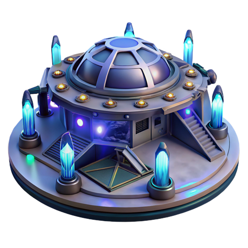 exquisite celebrated A spaceship landing pad with futuristic architecture and glowing lights, nighttime with stars visible, science fiction style png