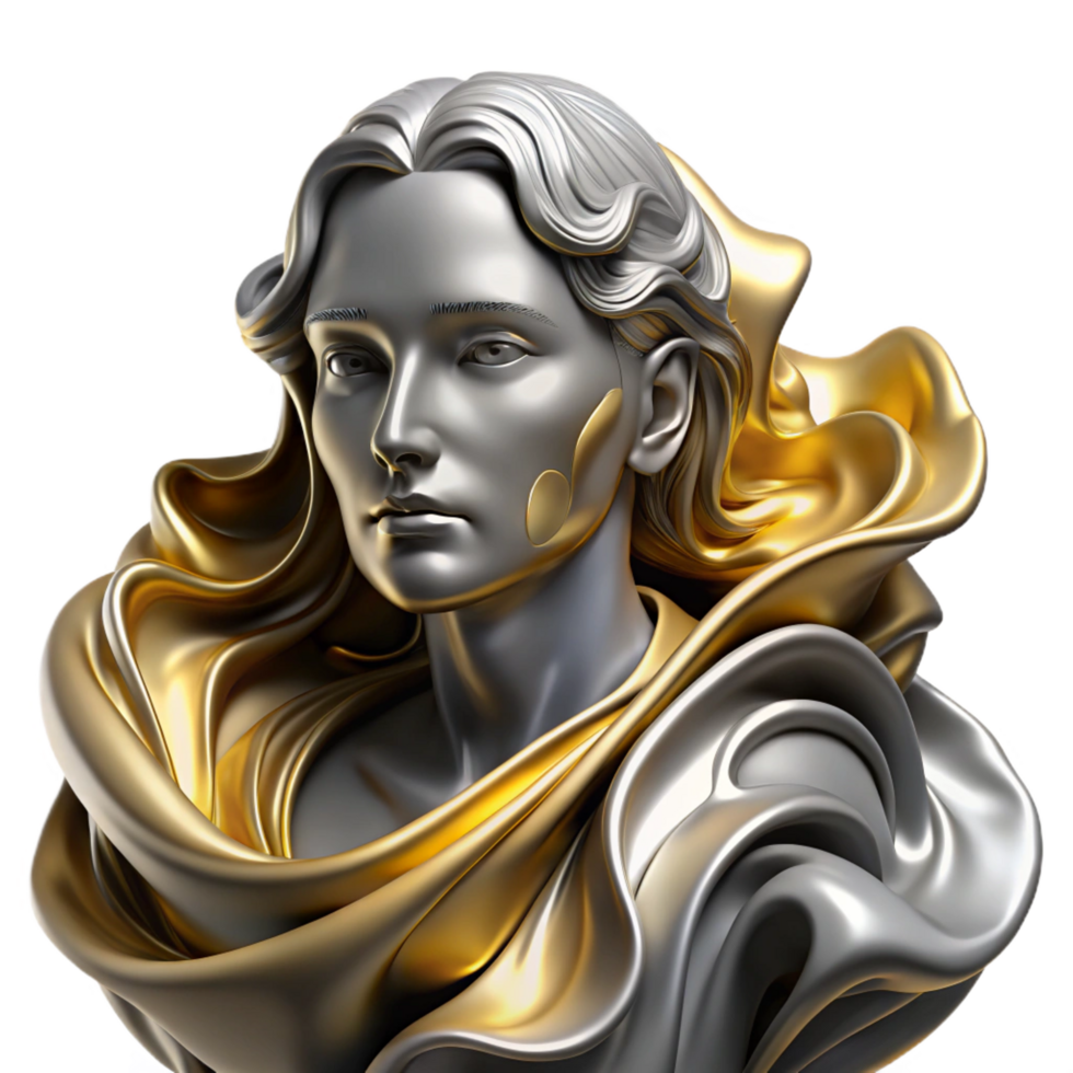 picturesque tranquil tropical Abstract portrait composed of flowing liquid metal, in shades of silver and gold, with dramatic Rembrandt lighting exclusive png