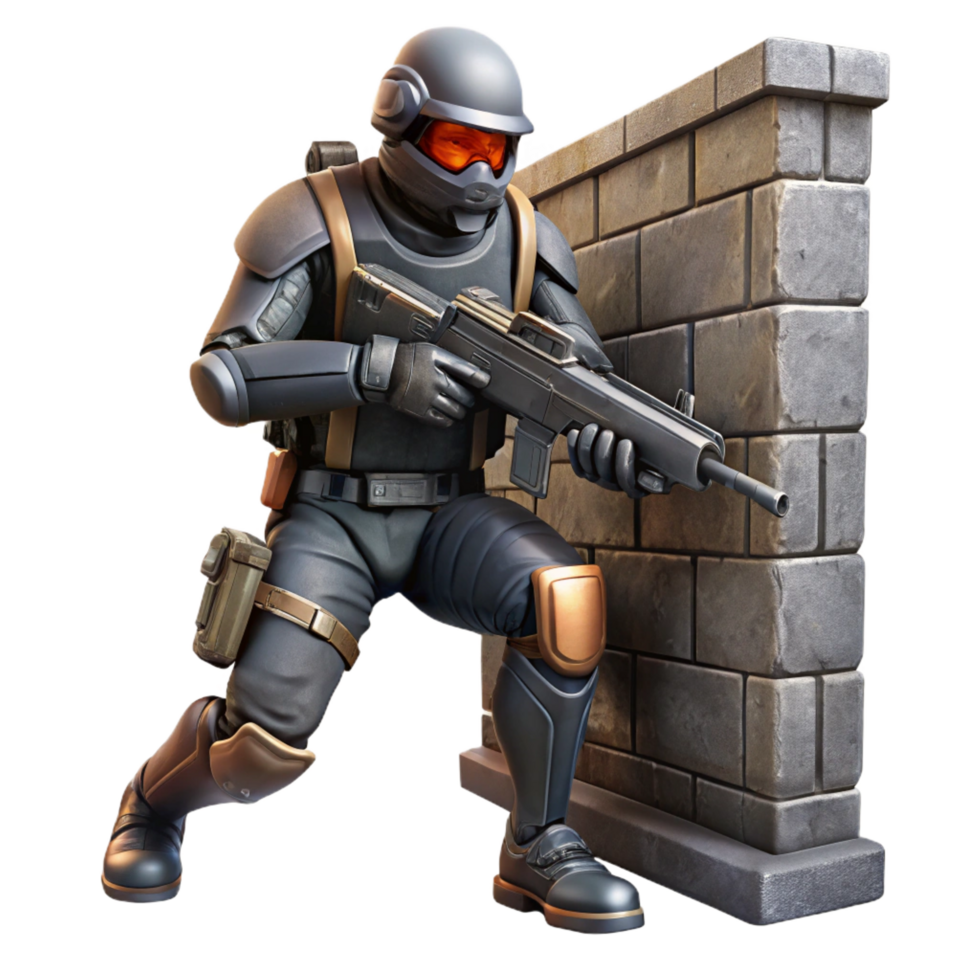 notable abstract A futuristic soldier, armed with a plasma rifle, takes cover behind a crumbling wall in a war torn cityscape. Gritty, realistic lighting. Military sci fi style sharp png