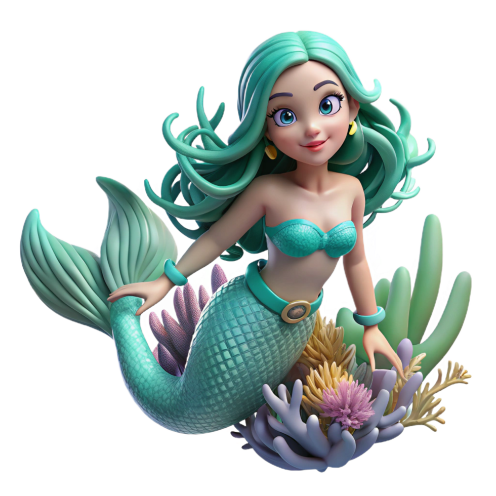 hypnotic reflective artistic A beautiful mermaid with scales of turquoise and emerald, swimming through a coral reef, underwater photography style expertly shot png