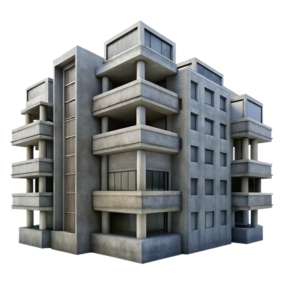 majestic intense minimalist A Brutalist concrete apartment complex, overcast sky, muted color palette, stark geometric forms, repetitive patterns, gritty urban realism refined png