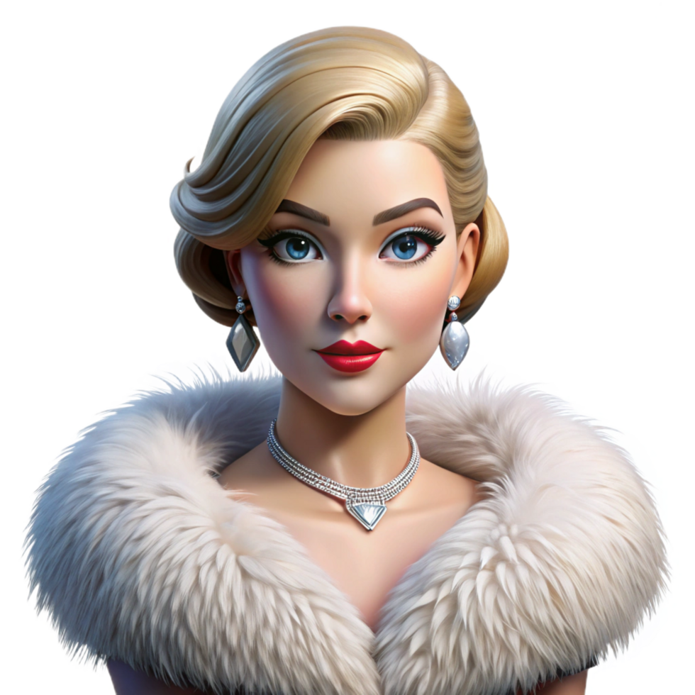 alluring tranquil traditional Portrait of a glamorous Hollywood starlet with diamond earrings and a fur stole, her expression alluring and mysterious, lit by the flash of paparazzi cameras flawless png