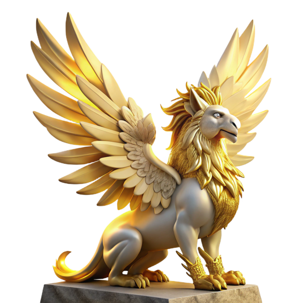 exquisite energetic coastal A majestic griffin perched atop Mount Olympus, feathers shimmering iridescent gold in the golden hour sunlight, Art Deco style museum quality png