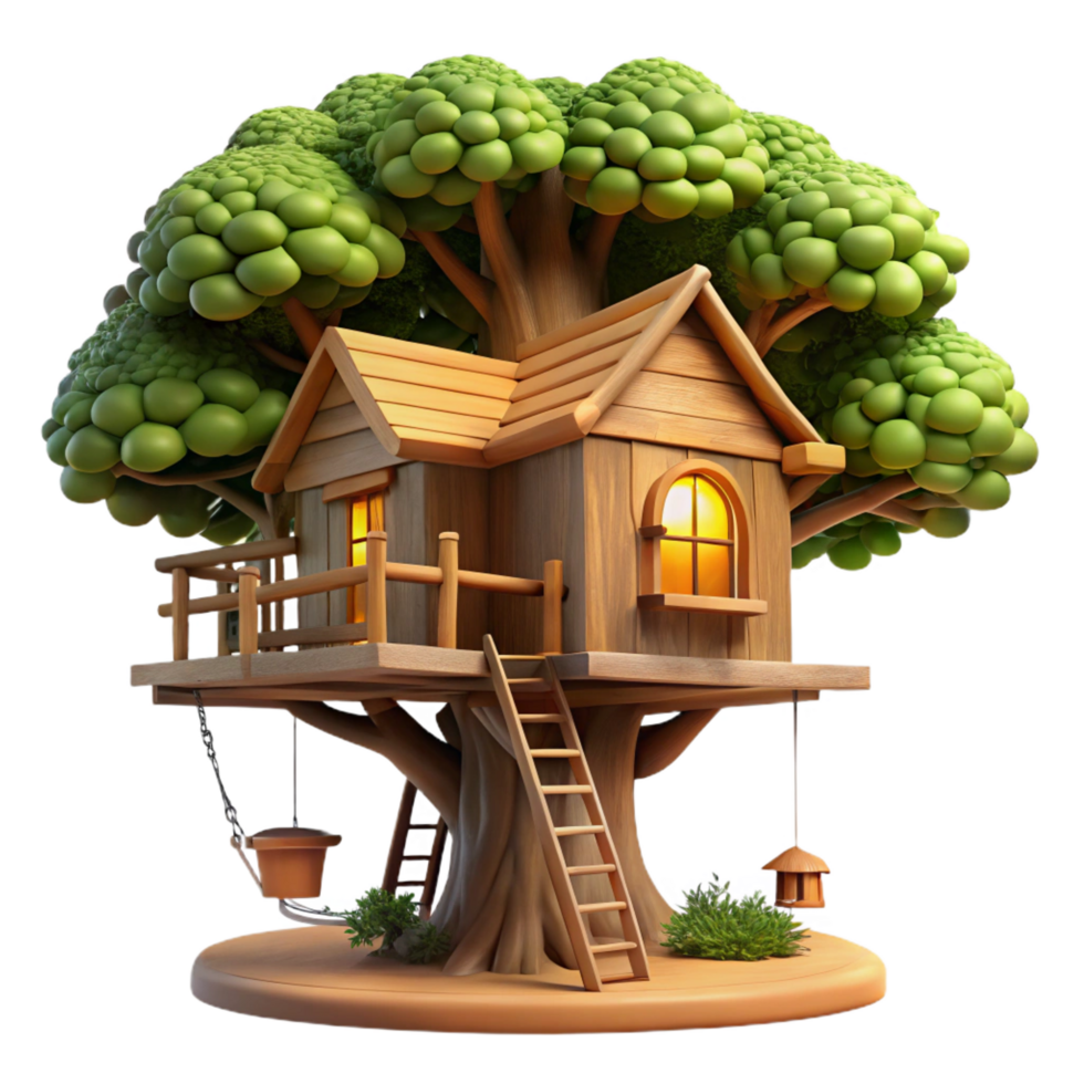 romantic radiant A treehouse built into a giant sequoia, rustic wood and rope, warm sunlight filtering through leaves, whimsical, illustration, 8K png