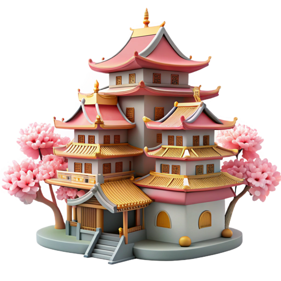 iconic minimalist A traditional Japanese castle with cherry blossoms in bloom, soft spring light, anime style precision png