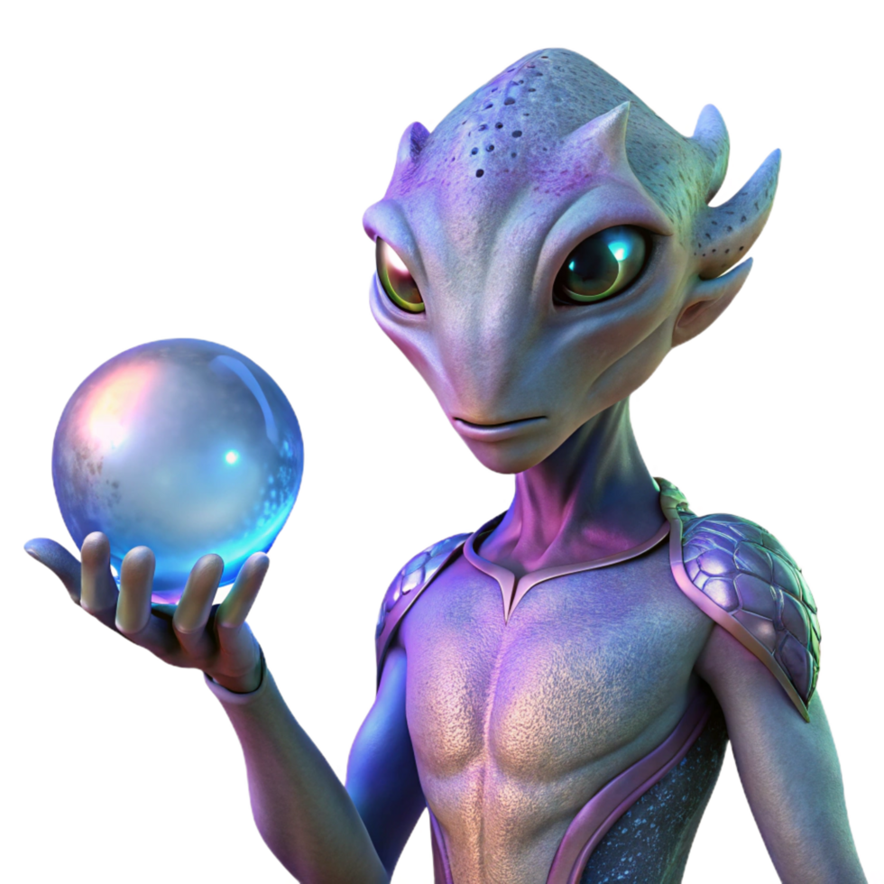 enchanting energetic classic A humanoid alien with iridescent scales, holding a glowing orb, floating in a nebula. Fantasy art style. Dreamlike lighting handcrafted png
