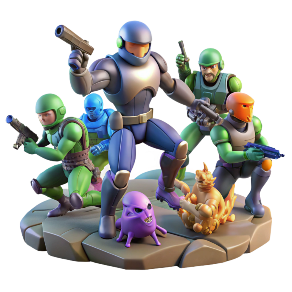 striking abstract A group of futuristic soldiers fighting alien creatures, dynamic action, comic book style high quality png