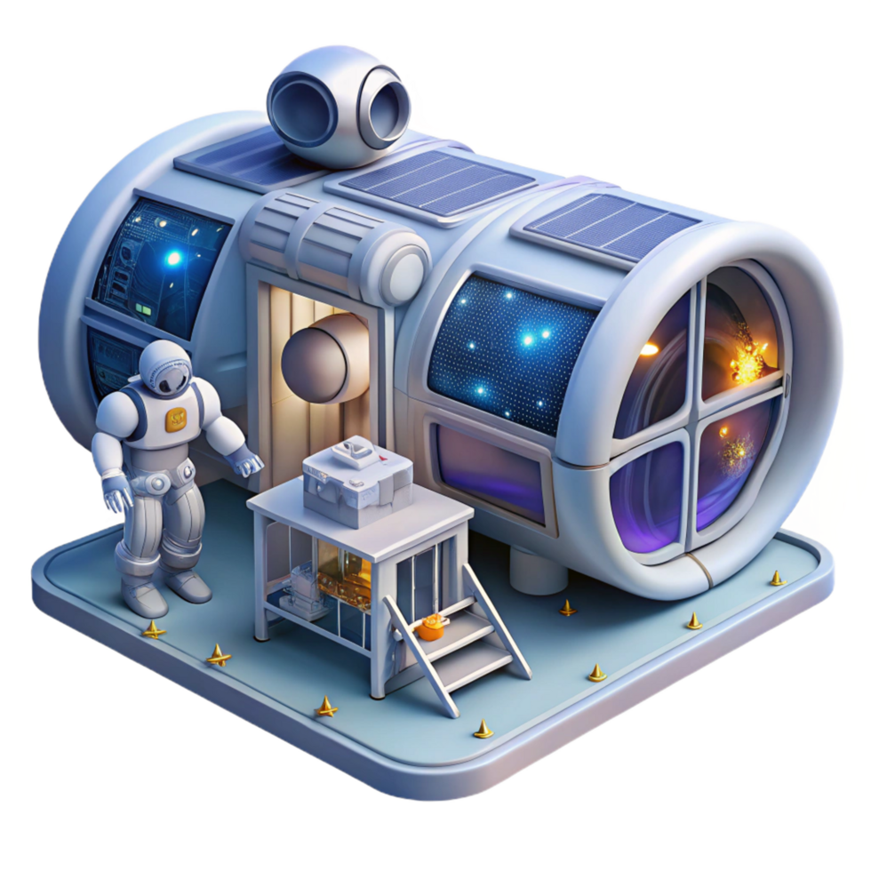 dreamy gorgeous A space station with modular architecture, docking bays, astronauts floating outside, starry backdrop visible through windows detailed png