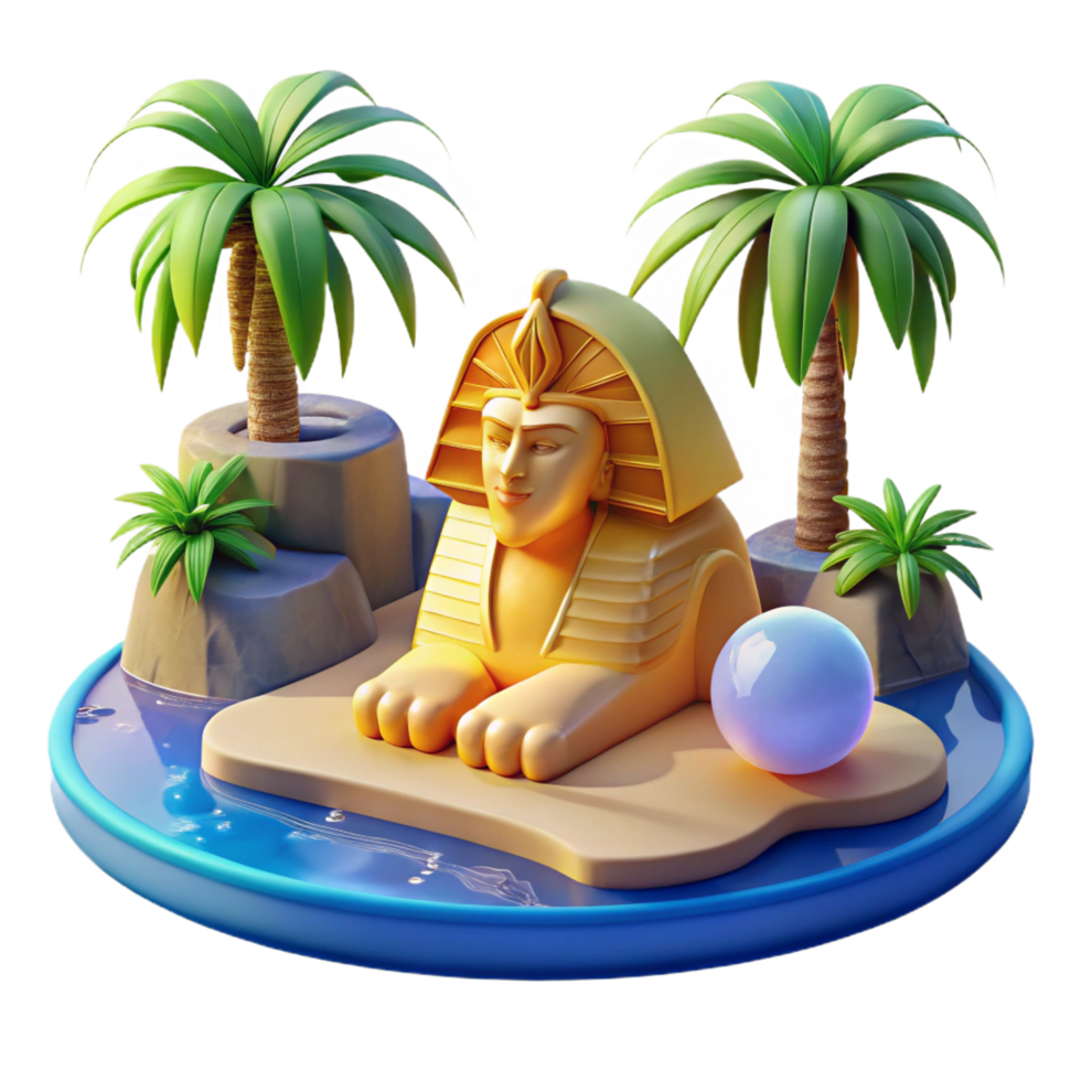 alluring calm retro A mysterious sphinx posing a riddle in a desert oasis, surrounded by palm trees and shimmering water. Bright, midday sunlight, ancient Egyptian style top tier png