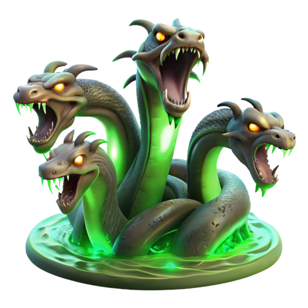 hypnotic rare A fearsome hydra, its multiple heads hissing, emerging from a dark swamp, lit by eerie green light. Fantasy art style png
