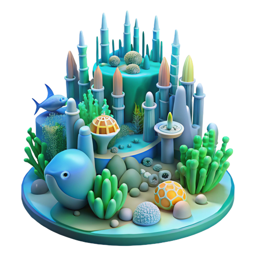 bold splendid An underwater city built of coral and bioluminescent algae, soft blue and green light, organic shapes, schools of fish swimming through the structures original png