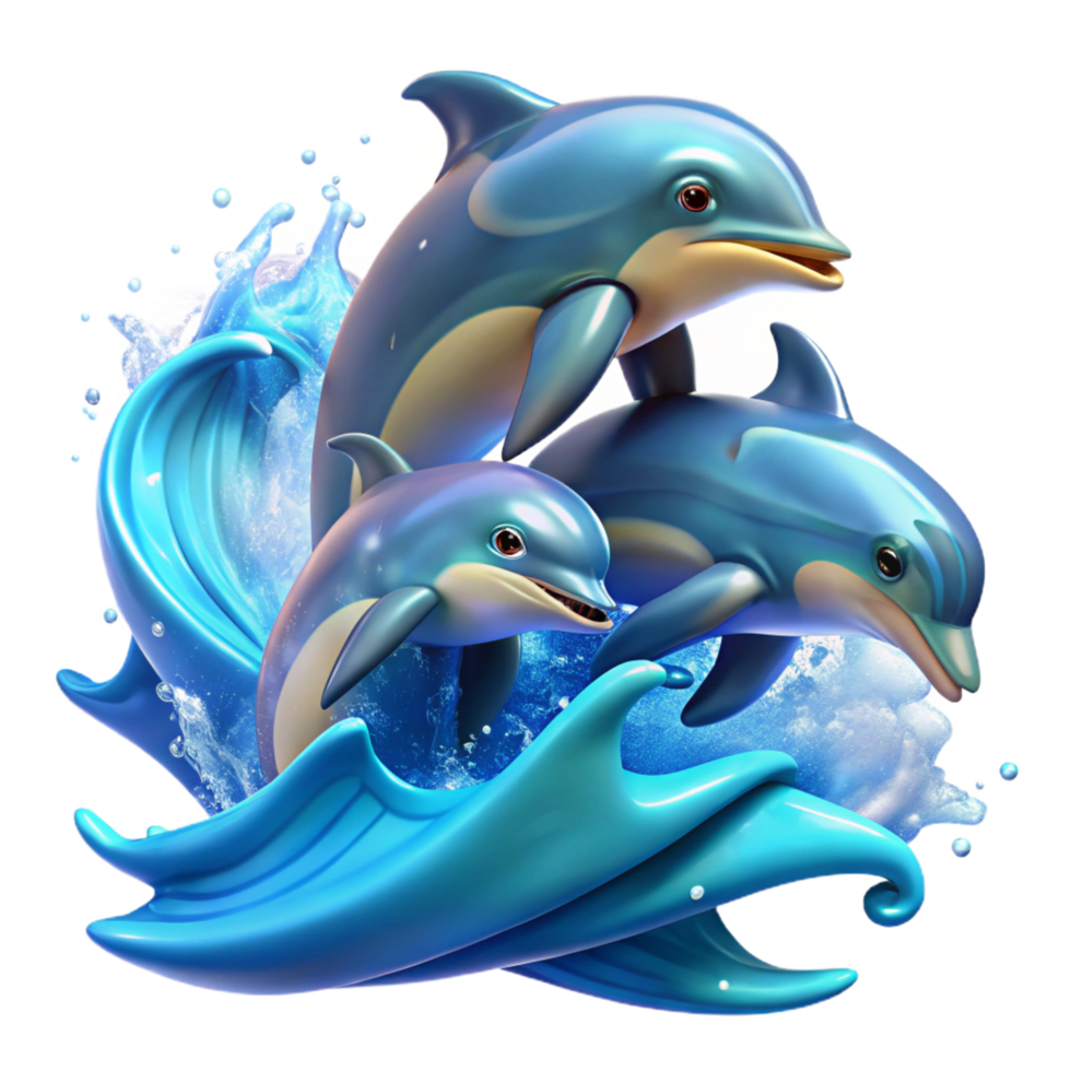 dramatic alluring A group of playful dolphins leaping from the ocean waves, illuminated by bright sunlight, painted in a dynamic and energetic style professional png