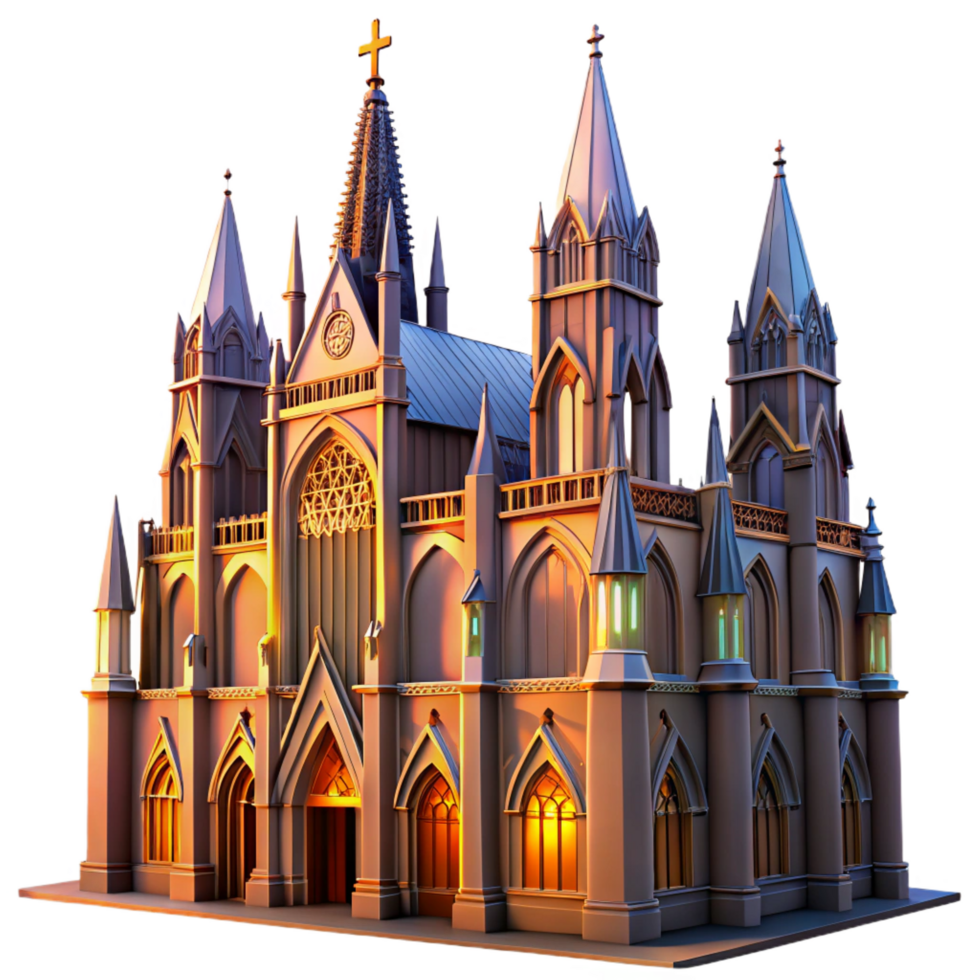 immaculate whimsical artistic A towering Gothic cathedral with intricate stained glass windows, dramatic sunset lighting, digital painting style sharp png